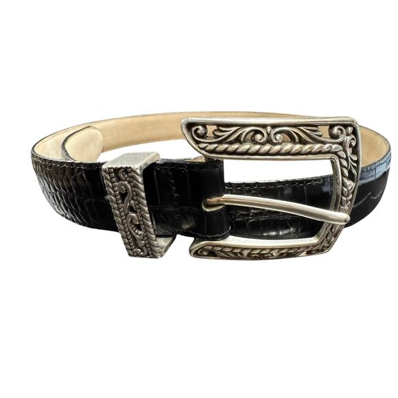 Brighton Black Leather Belt Croc Alligator Embossed Silver Buckle Size M/L 32